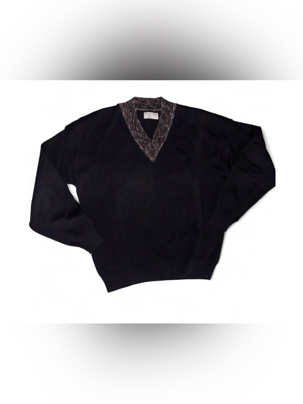 Black V-Neck Sweater with Multicolor Contrast Trim
